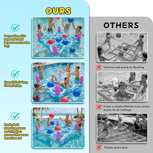 2 in 1 Pool Toys Games Set Inflatable Pool Float with 10 Balls & 8 Rings Tic-Tac-Toe Pool Games, Fun Summer Party Beach Outdoor Yard Game - color: Blue