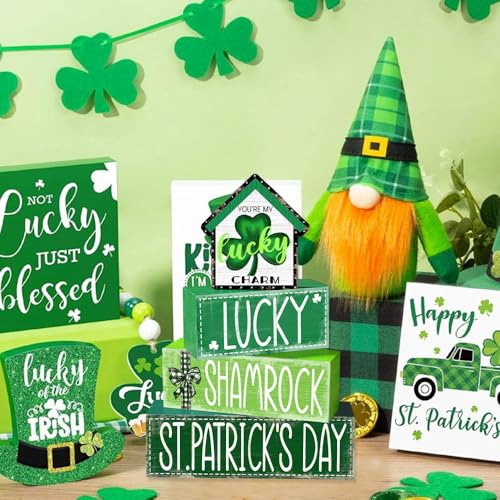 DIYDEC 4Pcs St.Patrick's Day Table Decoration Shamrocks House Wooden Block Signs Rustic St. Patrick Tiered Tray Decor Happy St.Patrick's Day Centerpiece Sign for Farmhouse Holiday Tabletop Party Decor - style: St.Patrick's Day House