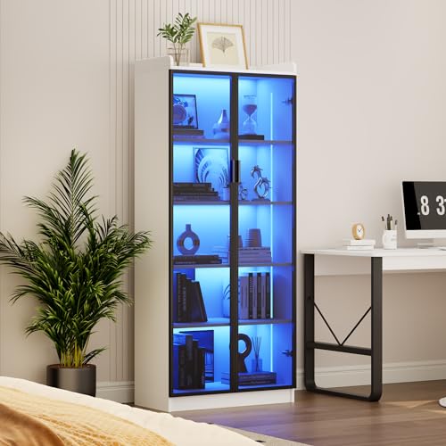 Dystler Display Cabinet with Doors and Adjustable Shelves, 65" Tall Bookcase with LED Lights/Human Sensor, 5 Tier Display Case for Collectibles Bedroom Living Room Office, White - color: White