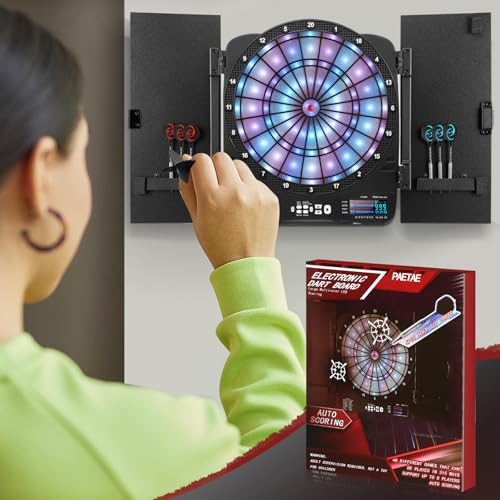 Electronic Dart Board Cabinet Set, Illuminated Target Dartboard for Adults, 48 Games with 315 Variations Soft Tip Digital Dartboard Cabinets with 6 Darts, 100PCS Soft Tips