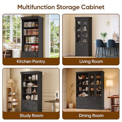 Vyre 71" Tall Farmhouse Bookshelves with Glass Doors and Drawers, Set of 2 – Large Modular Bookcase with Adjustable Shelves, Storage Cabinet for Living Room, Kitchen, Black - color: Black