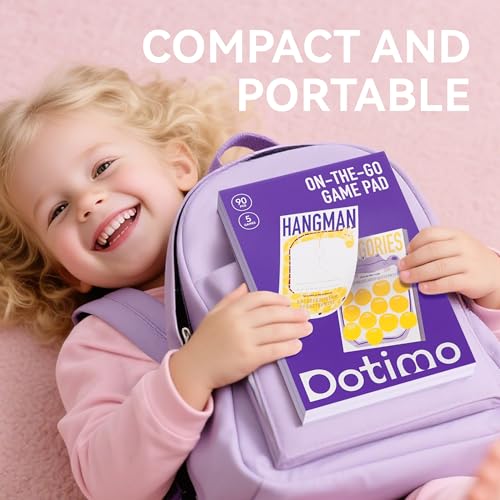 Dotimo Travel Games for Kids Ages 3+, 90-Page Activity Book with Hangman & 5 Classic Games, Screen-Free Road Trip Essentials, 6"x9" Tear-Out Sheets