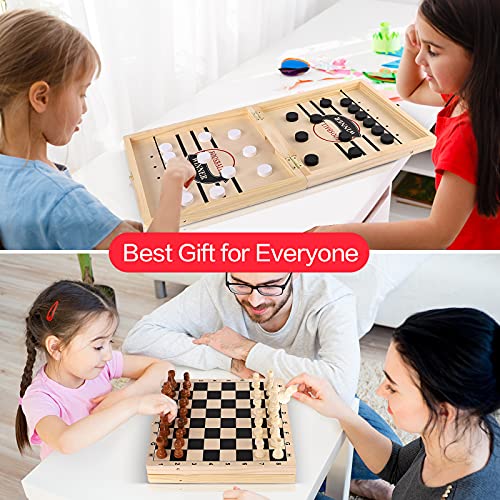 Sling Puck Game, Chess Checkers Game Set, 4 in 1 Folding Wooden Board Game, Fast Hockey Table Game, Portable Tabletop Tic Tac Toe Slingshot Chess Set for Kids and Adults