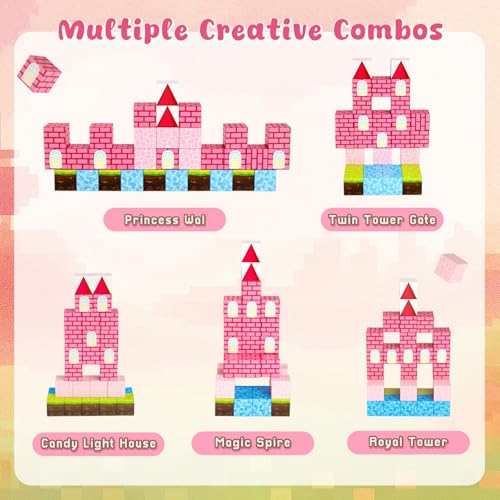 3 otters 32PCS Magnetic Building Blocks Princess Castle Travel Set, STEM Magnet Cubes Toys with Metal Storage Box for Kids, Birthday Gifts for Toddler Girls - style: Fantasy Castle