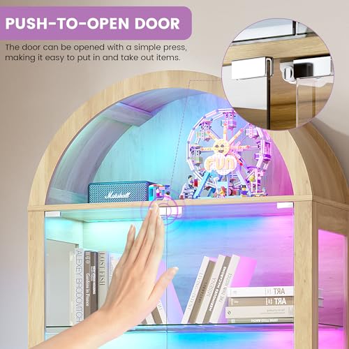 Gurexl 5-Tier Arched Glass Display Cabinet, Motion Sensor RGB LED Showcase with Music Sync Light & Adjustable Shelves, Tempered Glass Curio Cabinet for Action Figures Trophies Collectibles, Wood - color: Wood-80008a