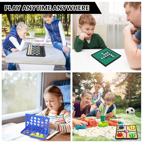 5 in 1 Mini Travel Games Set with 4 Foldable Chess Boards and 5 Sets of Chess Pieces - Magnetic Checkers, Chess,Ludo, Reversi, 4 in a Row Game & Storage Bag, Mini Games for Road Trip, Camping,Party