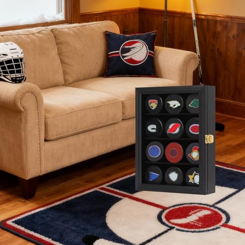 12 Hockey Puck Display Case - Puck Holder Wall Mount Cabinet Stand - Hockey Puck Shadow Box with Real Glass, Small Black,Has UV Protection - size: Small-Black