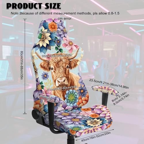 Highland Cattle Print Gaming Chair Covers Slipcovers with Armrest Covers Boho Mandala Flower Print Office Desk Chair Cover Scratch Proof Anti-Dust Universal Fit - color: Multi - Highland Cattle Boho Mandala Flower