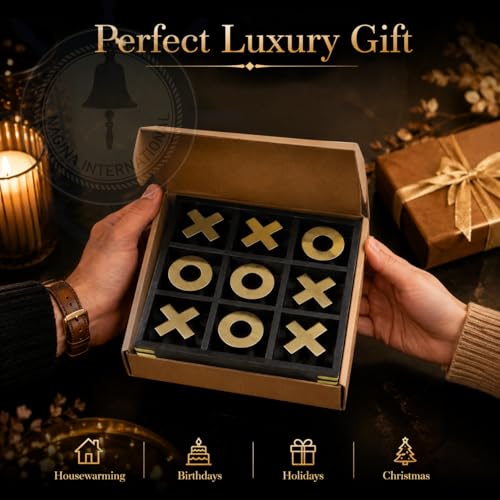 10" Large Elegant Premium Black Tic Tac Toe Board Game | Wooden Puzzle Game | Coffee Table Wooden Decor & Games | Lightweight Gold Plated Pieces