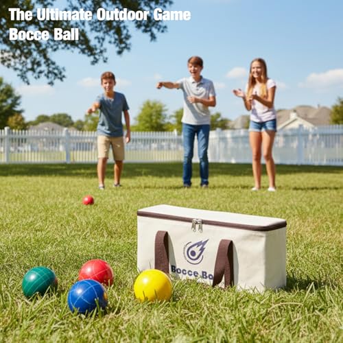 Bocce Ball Set 107mm/, Regulation Size & Weight, 8 Resin Bochi Balls with Pallino, Carrying Bag, Measuring Rope, Outdoor Sports Backyard Lawn Court Game Gift for Family & Beach (2-8 Players) - size: 100mm