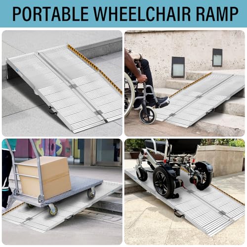 7 Feet Aluminum Folding Wheelchair Ramp, 28in Wide | Non-Skid Handicap Threshold Wheel Chair Ramp for Home Steps, Stairs, Entry, Threshold, Doorways, 600LBS Capacity,28in Wide - size: 7FT-tri-fold-silvery