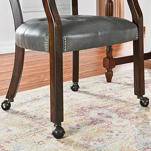 Set of 4 Dining Leather Chairs with Casters & Arms, Accent Captain Chair with Wheels, Roller Wood Wheeled Chairs for Kitchen & Game Poker Table,Espresso&Charcoal Gray 1910DG(NO Table!) - color: Espresso&charcoal Gray