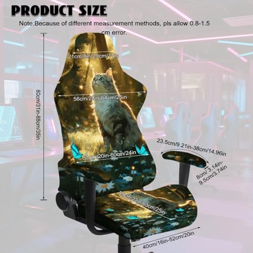 Gaming Chair Slip Cover Set 4Pc/Set Cat Butterfly Print Stretchy Machine Washable Computer Chair Seat Slipcovers with Armrest Covers Universal Fit Office Desk & Racing Computer Gamer Chairs - color: Green and Yellow - Cat Butterfly