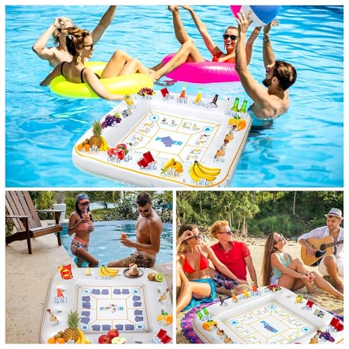 Elcoho 55 x 55 Inch Extra Large Inflatable Game Table with Waterproof Playing Cards Floating Pool Table Drink Holder Inflatable Ice Serving Tray Buffet Bar for Pool Summer Party, White - color: White