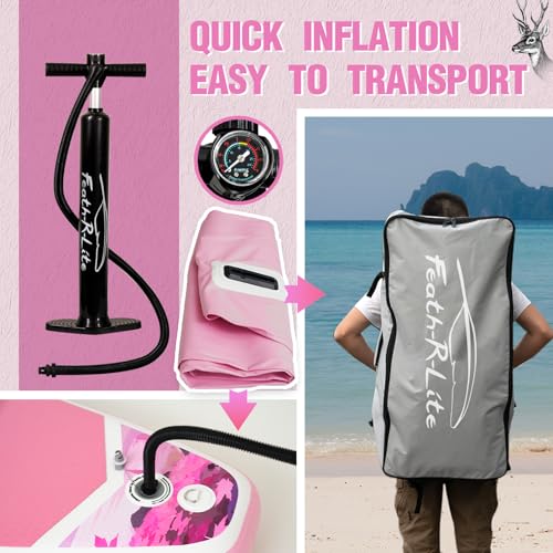 FEATH-R-LITE Inflatable Paddle Board Stand Up Paddleboards for Adults SUP with Premium Accessories Pump, Adjustable Paddle, Leash, Three Fins, Backpack - style: Blush Moose