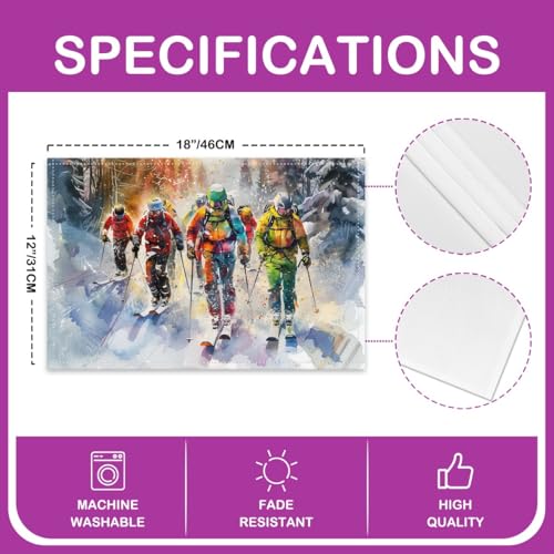 Erosebridal Skiing Sports 12x18 Inch Placemats Set of 4, Tree Snow Skiing Place Mat for Kids Boys Girl, Winter Snowboard Heat Resisting for Dining Kitchen Table, Woodland Mountain Table Mats - color: Golden White