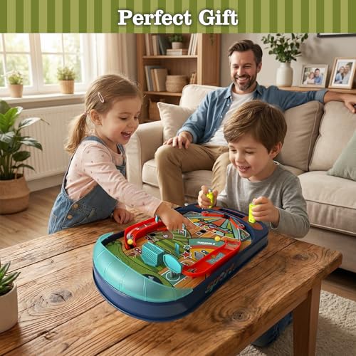Kids Pinball Machine — Tabletop Arcade Game with Obstacles, Pull-Rod Launcher, Flippers, Scoring Targets, Pins & Mini Hoop, 1-2 Player Mini Pinball for Kids Ages 3+ - style: Sport Pinball