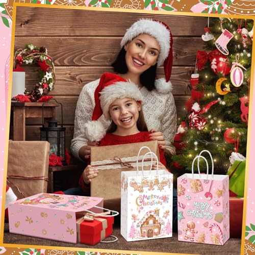 Kolldenn 48 Pcs Pink Christmas Gingerbread Party Favors Bags Christmas Goodie Gift Paper Bags with Handles Xmas Tree Gingerbread Coffee Candy Treat Bag for Xmas Party Decorations Holiday Supplies - style: Gingerbread