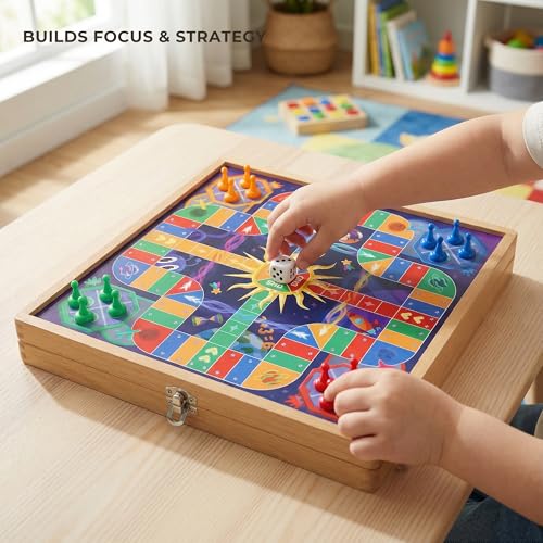 5-in-1 Magnetic Wooden Board Game Set, Premium Beech Wood Frame Family Game Center for Kids & Adults