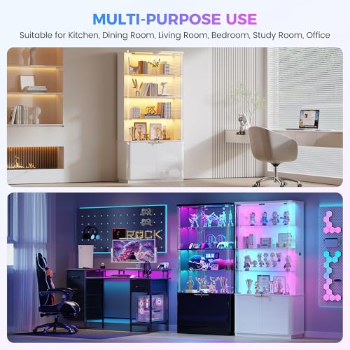 Dystler 71" Locking Glass Display Cabinet, 6-Tier Curio Case with RGB Light | Key Lock, Tempered Glass Shelves, RGB Motion-Sensor Lights, App Control, Curved Safety Edges, for Trophies & Figures - color: White