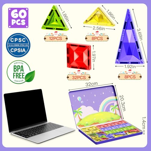 WMXDU 60pcs Large Diamond Magnetic Tile, Magnetic Building Blocks Magnet Toy with Iron Box, STEM Educational Montessori Indoor Building Kit for Preschool Boys Girls Age 3+ Classroom Must Haves - style: 60pcs-Large