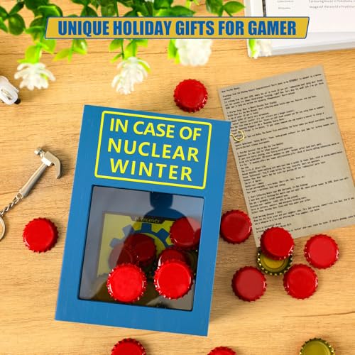 Nuclear Winter Bottle Cap Stash Box, 30 Red Caps Gag Gifts for Men | Post Apocalyptic Caps Saving Piggy Bank w/ Mini Hammer & Letter, Retro Blue Yellow Wood Decor for Wasteland Game Fans Adults - style: Nuclear Winter Emergency Box