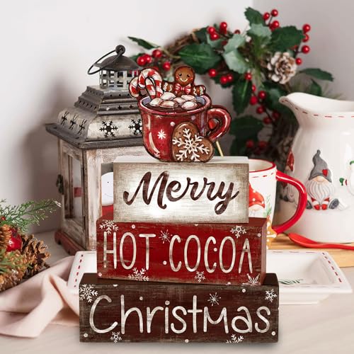 DIYDEC 4Pcs Christmas Wooden Tabletop Decoration Hot Cocoa Wooden Block Signs Gift Rustic Xmas Tiered Tray Decor Merry Christmas Centerpiece Sign Farmhouse Winter Table Home Party Decor - style: Hot Cocoa
