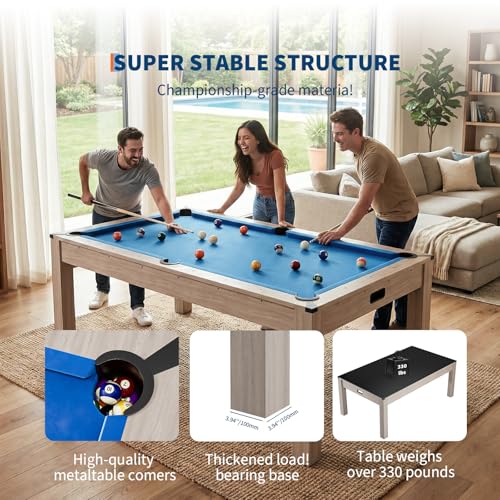 Garvee 7FT 3 in 1 Pool Table with Dining & Table Tennis Top, Multi-Game Table with Accessories (Balls, Cues, Ping Pong),Convertible Billiards and Table Tennis,HDF Wood Grain Finish & Chrome Accents - color: Blue