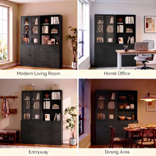 TUSY 71" H Bookshelf with Storage, 6-Tier Modern Bookshelves with 3 Large Drawer, Display Bookcase with Glass Doors, Modern 5-Tier Curio Cabinet for Home Office, Dining Room (Black, AB) - color: Black