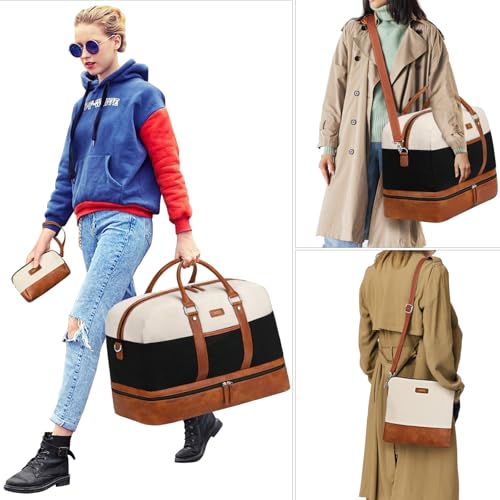 Weekender Bag for Women, Large Overnight Bag Canvas Travel Duffel Bag Carry On Tote with Shoe Compartment 21" 3Pcs Set - color: A11-brown+beige+black