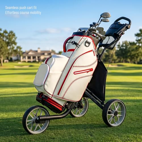 uniHimal Golf Cart Bag with 14-Way Full-Length Dividers, Premium PU Leather Golf Bag for Men Women with Plush Top, Magnetic Pocket and Rain Cover, Lightweight Golf Club Bag Includes Cooler Pockets - color: Beige Red