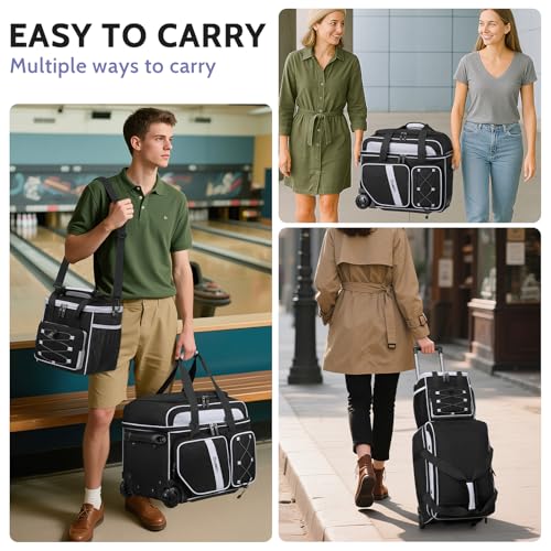 BOSSTIN 3 Ball Bowling Bag with Wheels, 2 Ball Bowling Bags Double roller with 1 Ball Add On Bag, Multi-Pockets & Shoe Compartment (Fits Up to Size 15) - color: Black