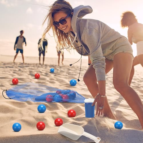 RoundFunny Outdoor Beach Toss Accessories Set and Must Haves 12 Beach Balls 2 Plastic Sand Shovels 4 Cup Sleeves 1 Mesh Bag for Family Adult Friends Summer