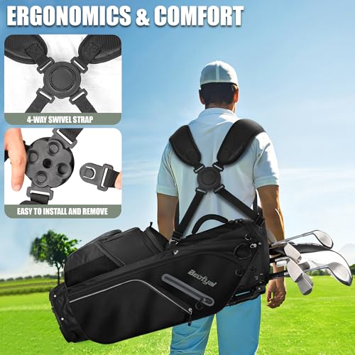 14 Way Full Length Dividers Golf Stand Bag, Lightweight Golf Bag with Stand for Men and Women Golf Club Carry Bag with Dual Strap & Rain Cover - color: Black