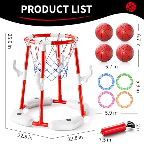 Pool Basketball Hoop Toys for Kids Ages 4-8 8-12 & Adult, Summer Outdoor Swimming Pool Games Water Play Toys Family Party for Kids, 2 in1 Pool Basketball Hoop & Ring Game with 4 Balls 12 Rings & Pump - style: 2-in-1 Pool Basketball Hoop(Red)