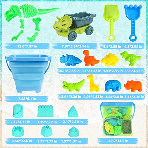 Beach Sand Toys, Sandbox Toys with Dinosaur Dump Truck, Collapsible Bucket, Creative Molds, Mesh Bag, Sand Castle Play Set for Kids Ages 3-12, Outdoor Summer Beach Essentials for Building & Playing