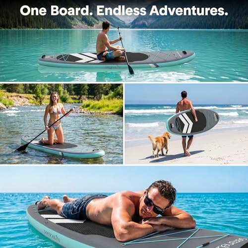 SereneLife 10’6” Inflatable Stand Up Paddle Board with Premium SUP Accessories - 32” Wide Stable Design with Non-Slip EVA Deck Pad, for Youth and Adults, 350 lbs. Capacity - color: Black
