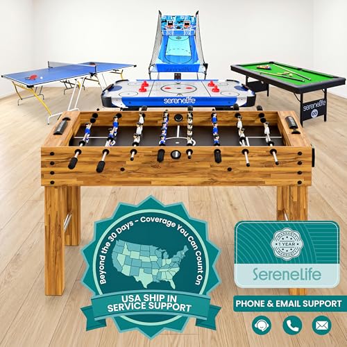 SereneLife 48in Foosball Table, Competition Size Soccer Game Table for Kids and Adults, Home Game Room Arcade Set, Leveling Legs, Engineered Wood, Chrome Steel Rods, 2 Balls, 2 Cup Holders - color: A) Natural