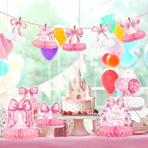 Pink Bow Birthday Decorations Set - Bow Party Decorations with Honeycomb Centerpieces & Table Centerpieces for Splendid Pink Bow Themed Party Supplies - style: pink bow