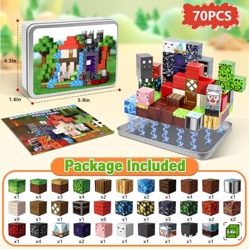 Resflycheng 70PCS Magnetic Building Blocks Travel Toys for Kids Ages 4-8, Forest Portal Mini Magnetic Blocks with Iron Case, Portable Magnet Cubes STEM Learning Set for Toddler Boys Girls Ages 3+ - style: Forest Portal