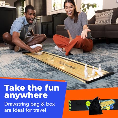 Bowling Game - Indoor Table Games for Whole Family, Kids and Adults - Portable Set w/Lane, 6 Pins, 2 Bowl Bearings - Play at Home Or Traveling