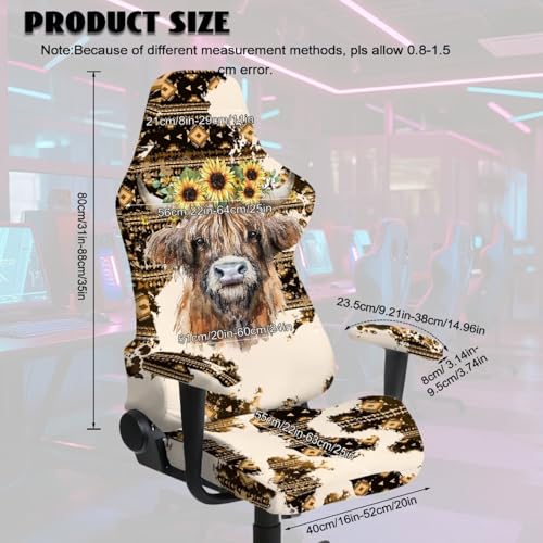 Highland Cattle Print Gaming Chair Covers Slipcovers Aztec Sunflower Print Game Chair Cover with Armrest Covers Skin Friendly Breathable - color: Brown - Highland Cattle Aztec Sunflower