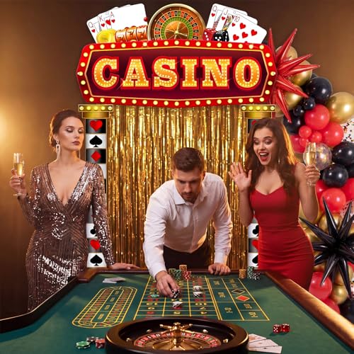Peryiter 120 Pcs Casino Night Party Decorations Set Casino Backdrop Banner Gold Foil Fringe Curtain Balloon Arch Kit, Poker Themed Supplies for Vegas Birthday Party - style: Casino