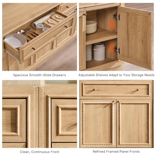 ACCOHOHO Modern Farmhouse Buffet Cabinet, 126" Sideboard Credenza, Modular Storage Cabinet with Framed Panel Fronts, Adjustable Shelves & Dual Base Design, Natural Oak - color: Natural Oak, size: 4 Piece