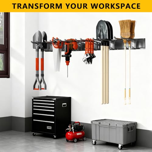 Garage Tool Organizer Wall Mount, 48inch Heavy-Duty Garage Storage System and Garden Tool Organizer with 6 Adjustable Double Hooks for Shovel, Snowboard, Yard Tools and Shed - size: 48"-6double hook