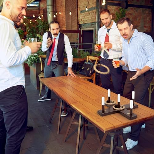 Leitee Mini Tabletop Ring Toss Game for Adults, Portable Wooden Desktop Ring Toss Set with Cross Base, 5 Scoring Pegs, 6 Rope Rings and Carry Bag for Indoor Office, Home, Parties and Travel