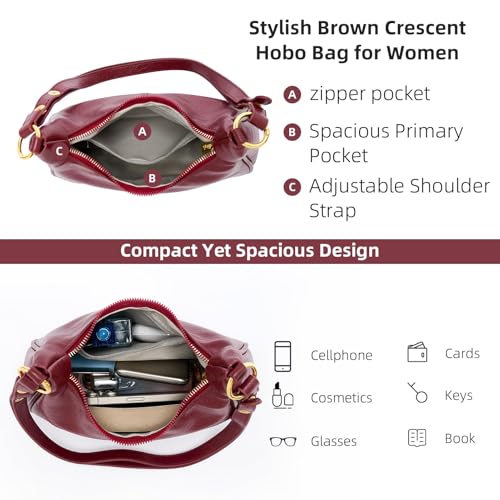 Shoulder Bags for Women Small Hobo Bags Crescent Shaped Cute Retro Tote Handbag Mini Clutch Purse with Zipper Closure - color: Red Vegan Leather