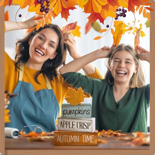 Lineshading 4 Pcs Fall Decoration for Home Wooden Maple Leaf Fall Tiered Tray Decor Thanksgiving Table Centerpiece Rustic Decorative Maple Leaf Block Signs Gift Farmhouse Autumn Decoration for Home - style: Autumn Maple Leaf