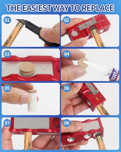 Vefungyan Pool Cue Tips Replacement Kit: 11 in1 Billiards Pool Cue Tip Repair Shaper Tool with 20pcs cue Tips 5 Chalk for Replacement - color: Metal Red