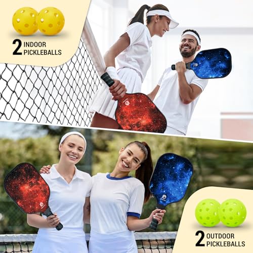 Dulce DOM Pickleball Paddles Set of 2/4 - USAPA Approved, 4 Indoor Outdoor Pickleball Balls, Fiberglass Surface Paddle Racket with Cover Bag, Ideal Training Equipment Gift for Men & Women - color: Blue Red*2